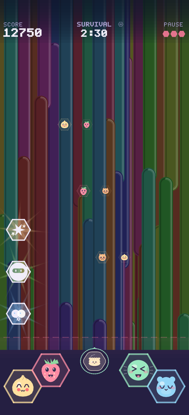 Rainbow stripes scroll behind falling characters in Survival, with three power-ups ready on the left.
